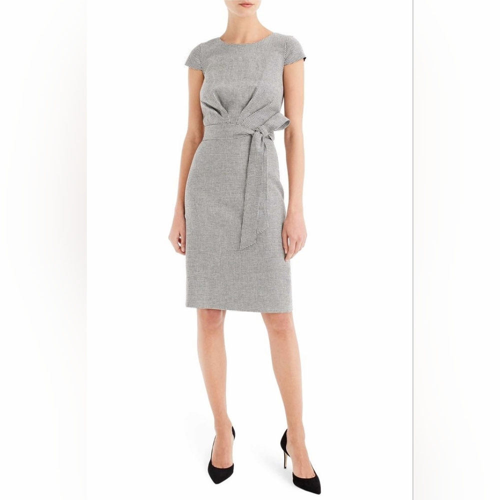NWT J.Crew 365 Tie Front Sheath in Mini Houndstooth Linen Blend Dress 8 $188